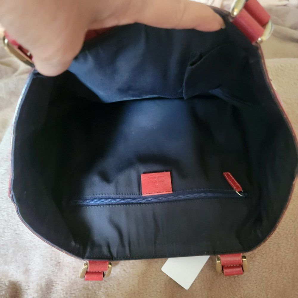 Authentic Gucci 3 Rings Abbey Hobo Handbag- Navy/Red Monogrammed Canvas - Picture 7 of 8
